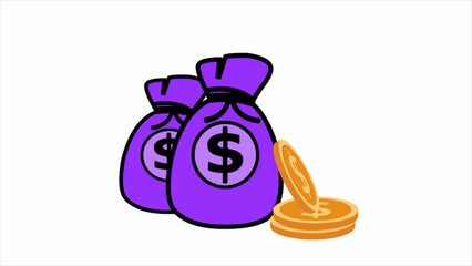 Dollar coin purple money bag animation white background