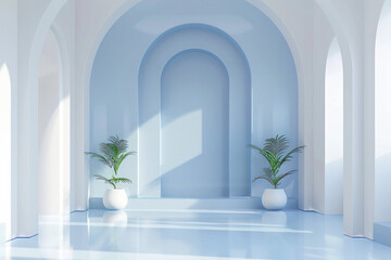 Minimalist 3D white and blue interior design background with an open space