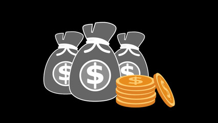  Three gray money bag golden dollar coin animated black background