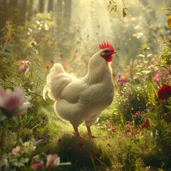 Fototapeta premium A white chicken stands in a lush green field, surrounded by pink and red flowers in the foreground