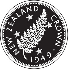 One crown New Zealand coin 1949 vector design with silver fern handmade silhouette.