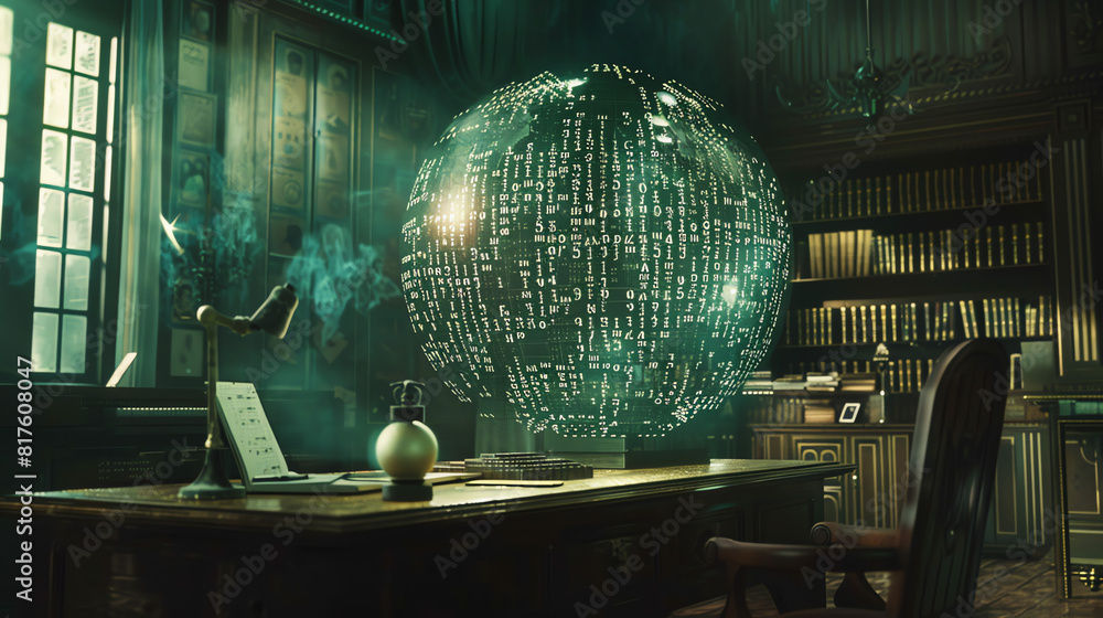 Poster a holographic globe displaying digital data in a dimly lit library studded with books and artifacts