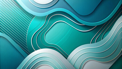 Abstract Layered Wavy Shapes in Shades of Blue and Teal - Three-Dimensional Design with White Outlines for Modern Digital Wallpaper, Graphic Design, or Creative Artistic Projects.
