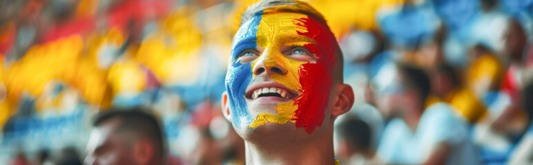 Happy Romanian male supporter with face painted in Romanian flag, Romanian male fan at a sports event