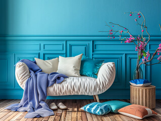 Vibrant chic living room with bold decor and vibrant contrast. Interior design luxury composition.