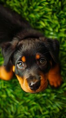 A black and tan puppy is looking up at the camera.