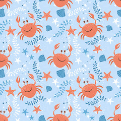 Seamless marine summer pattern. Crabs, shells and starfish on a light blue background.