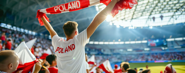 Polish football soccer fans in a stadium supporting the national team, Bialo-czerwoni

