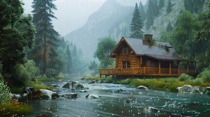 A cabin in the woods with a stream flowing by. - Powered by Adobe