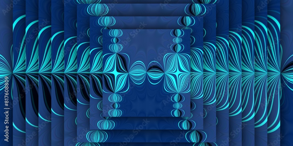 Poster ultra-wide turquoise and black creative patterns and concentric design on a royal blue background wi