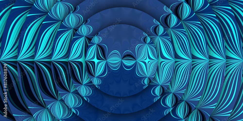 Poster ultra-wide turquoise and black creative patterns and concentric design on a royal blue background wi