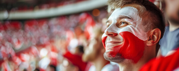 Happy Polish male supporter with face painted in Polish flag, Polish male fan at a sports event