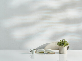 White room concept with table vase of green flower, chair style.