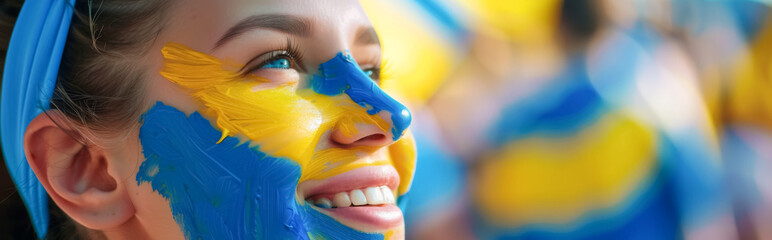 Happy Ukrainian female supporter with face painted in Ukrainian flag, Ukrainian female fan at a sports event