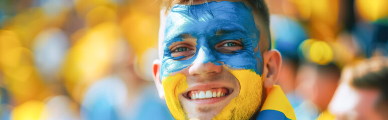 Happy Ukrainian male supporter with face painted in Ukrainian flag, Ukrainian male fan at a sports event