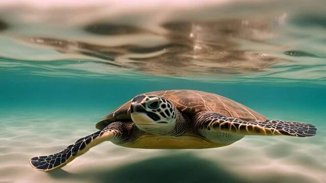 closeup of a green sea turtle swimming underwater