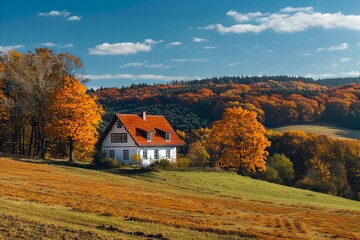 A house in the middle of a field with autumn trees.