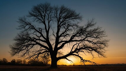 A stark leafless tree silhouette stands tall against a stunning sunset sky.