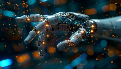 A robotic hand is shown in a blurry image with a lot of glowing lights by AI generated image