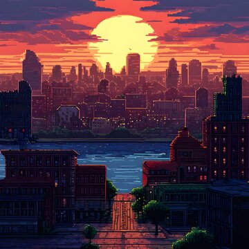 city skyline at sunset