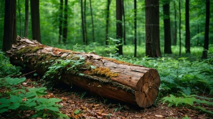 Fototapeta premium A fallen tree trunk lies in a forest clearing surrounded by lush greenery, ideal for nature themes