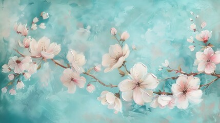 Pink cherry blossoms on a teal watercolor background