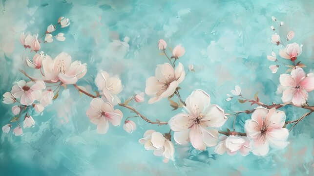 Pink cherry blossoms on a teal watercolor background