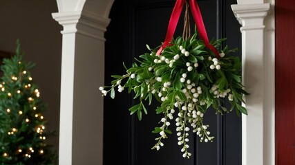 A mistletoe bunch with bright green leaves and white berries hanging with a red ribbon Festive