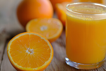 Close up of orange juice and oranges on wooden table