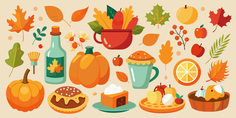 A colorful collection of food items, including apples, oranges, and pumpkins, arranged in a pattern