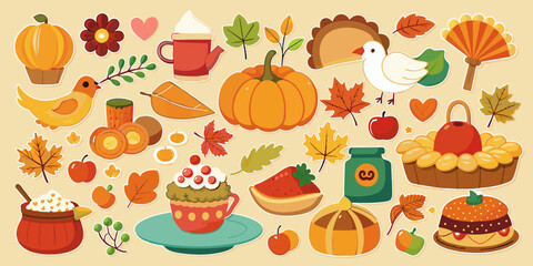 A colorful collection of food items, including apples, pears, pies, and cakes, with a bird and a cup in the middle