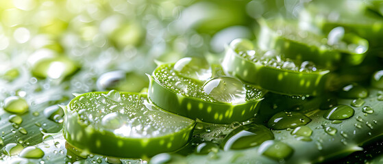 Fototapeta premium Macro closeup of fresh aloe vera gel dotted with water