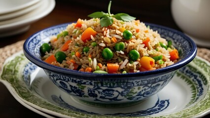A platter of colorful vegetable fried rice with grains