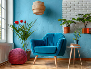 Vibrant chic living room with bold decor and vibrant contrast. Interior design luxury composition.