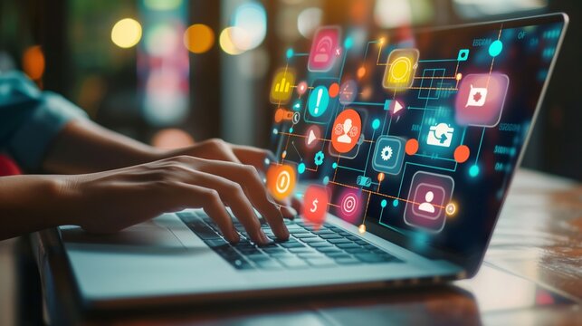 Marketer crafts digital plan with mind maps and social icons on laptop, showcasing modern techniques.