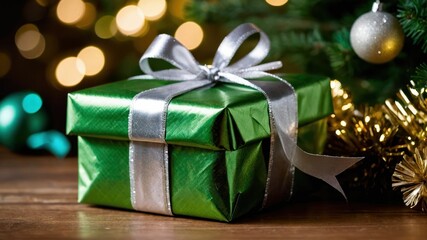 Green and gold wrapped gifts by a decorated Christmas tree, perfect for festive holiday designs