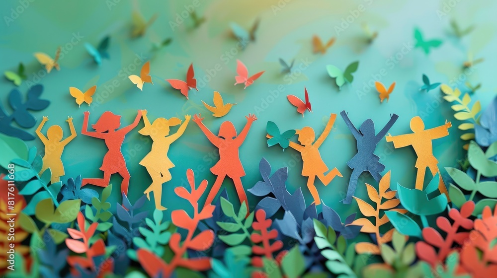 Poster creative paper-cut a group of children are playing in a field with butterflies. the children are all
