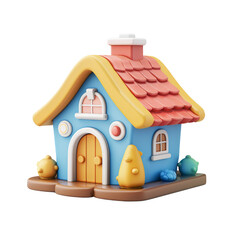 A cute cartoon house with a blue wall, yellow door, and orange roof. It has two windows and a chimney.