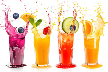 Collection of fruit juice colorful splashes isolated on white background.