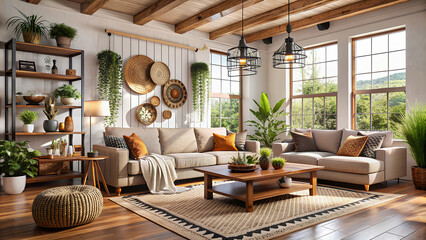 Minimalist Farmhouse, boho style interior design of modern living room 