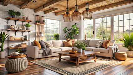 minimalist Farmhouse, boho style interior design of modern living room, home
