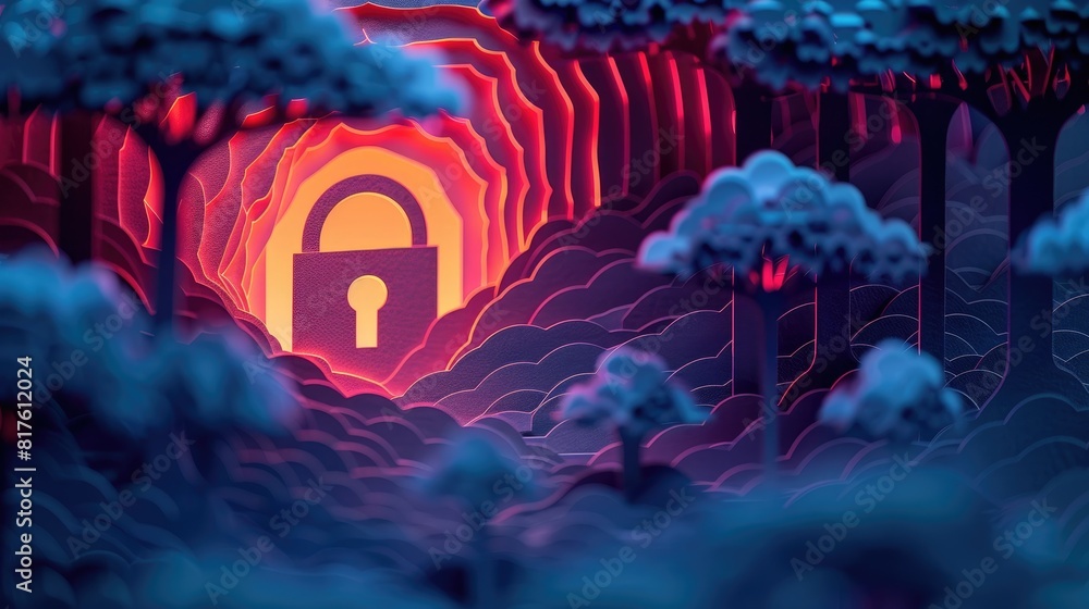 Aufkleber a lock is shown in a forest setting. the lock is surrounded by trees and the sky is orange. scene is