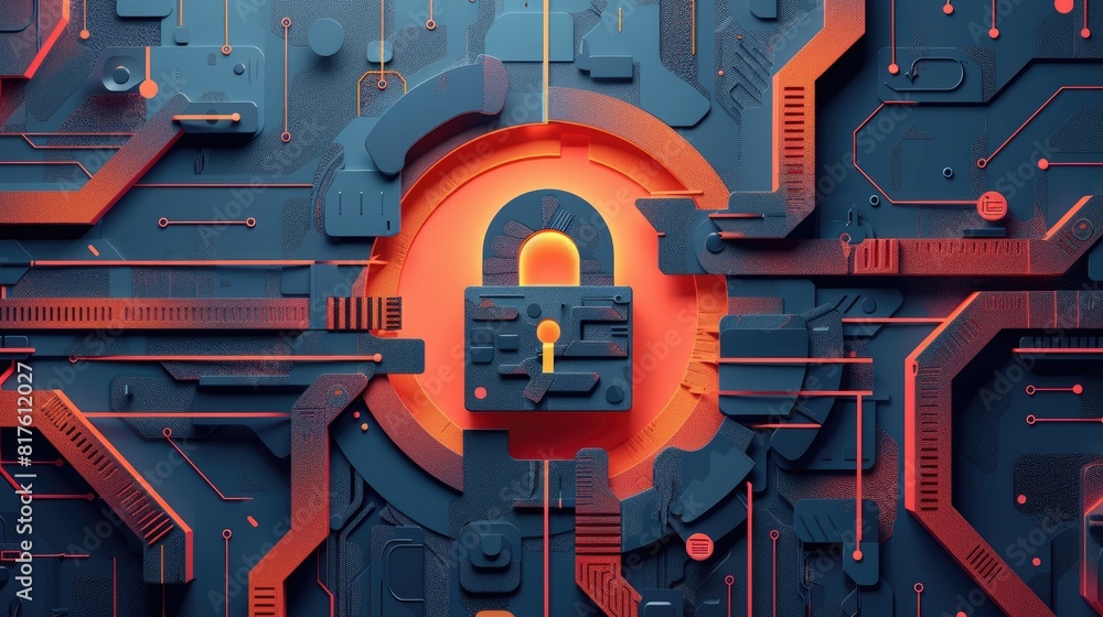 Poster a blue and orange image of a lock with a key in it. the lock is surrounded by a red border. concept 