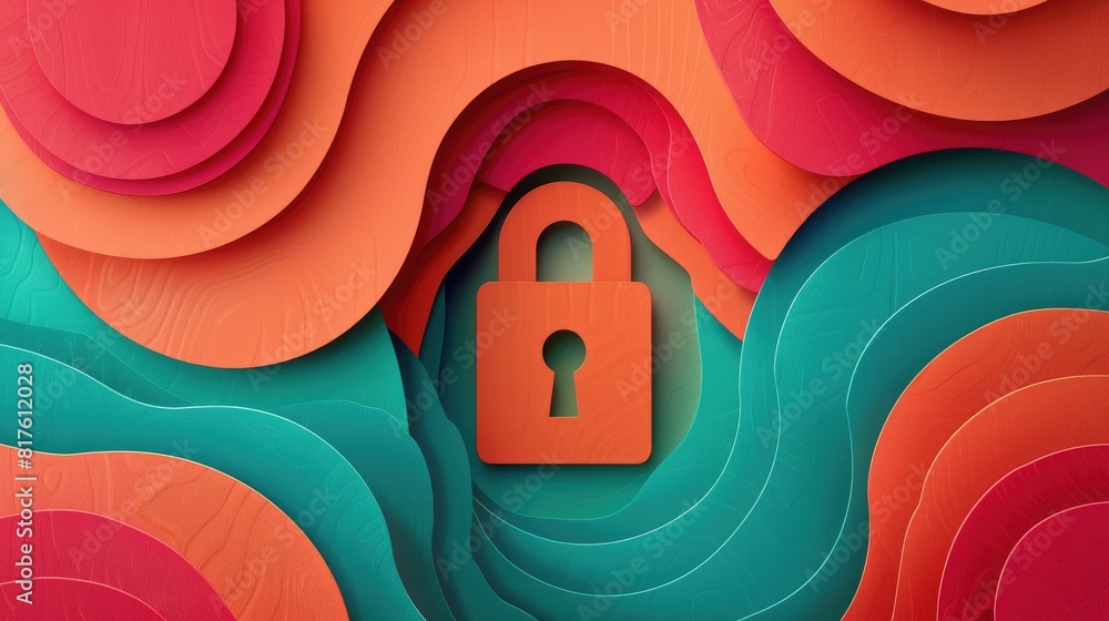 Poster a colorful paper-cut with a red lock on it. the lock is surrounded by a green and blue wave. the loc