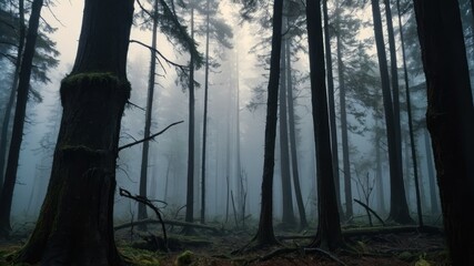 A dead tree stands in a misty forest, its silhouette creating an eerie atmosphere