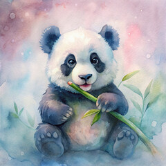 A chubby panda cub munching on bamboo, painted in soft, pastel watercolors against a serene...