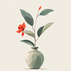Red flower in vase on white background