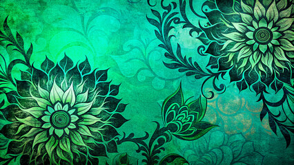 Ornate Floral Digital Artwork on Textured Teal Background - Large Flower and Swirling Foliage in Symmetrical Design for Decorative Arts or Pattern Design.