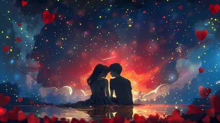 The painting depicts a loving couple sitting under a starry sky, surrounded by red hearts symbolizing love and romance. The pair gaze deeply into each other's eyes, conveying a deep connection and aff