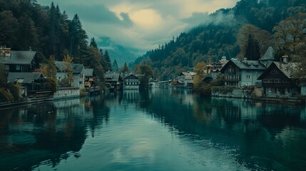 Naklejka premium A small town is surrounded by mountains and water.